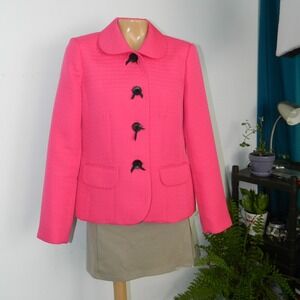 Chapter One Blazer Jacket Women 10 Hot Pink Quilted Peter Pan Collar Bow Button